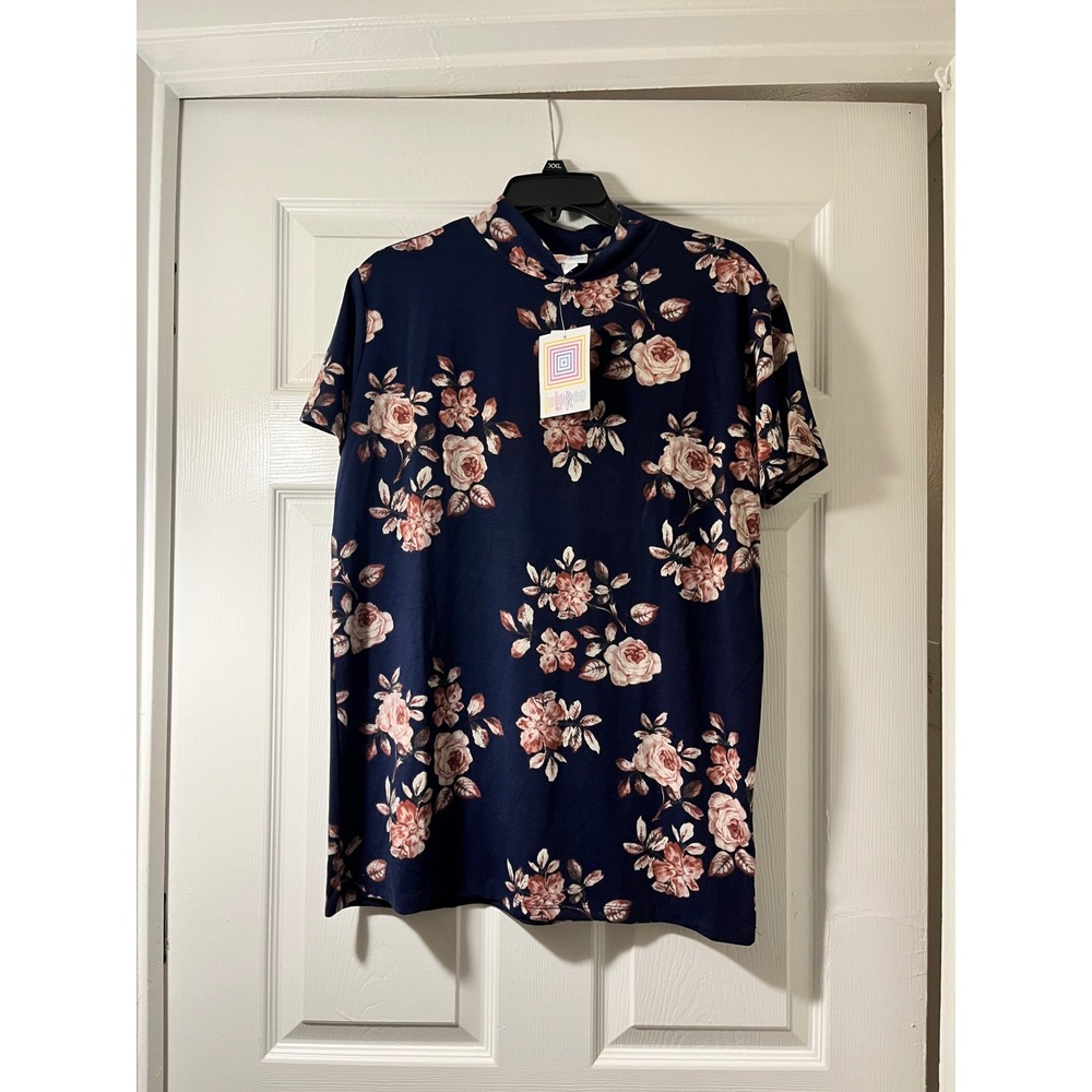 LuLaRoe Ruth Mock Neck Top Womens Medium Navy Blue Pink Floral Short Sleeve New